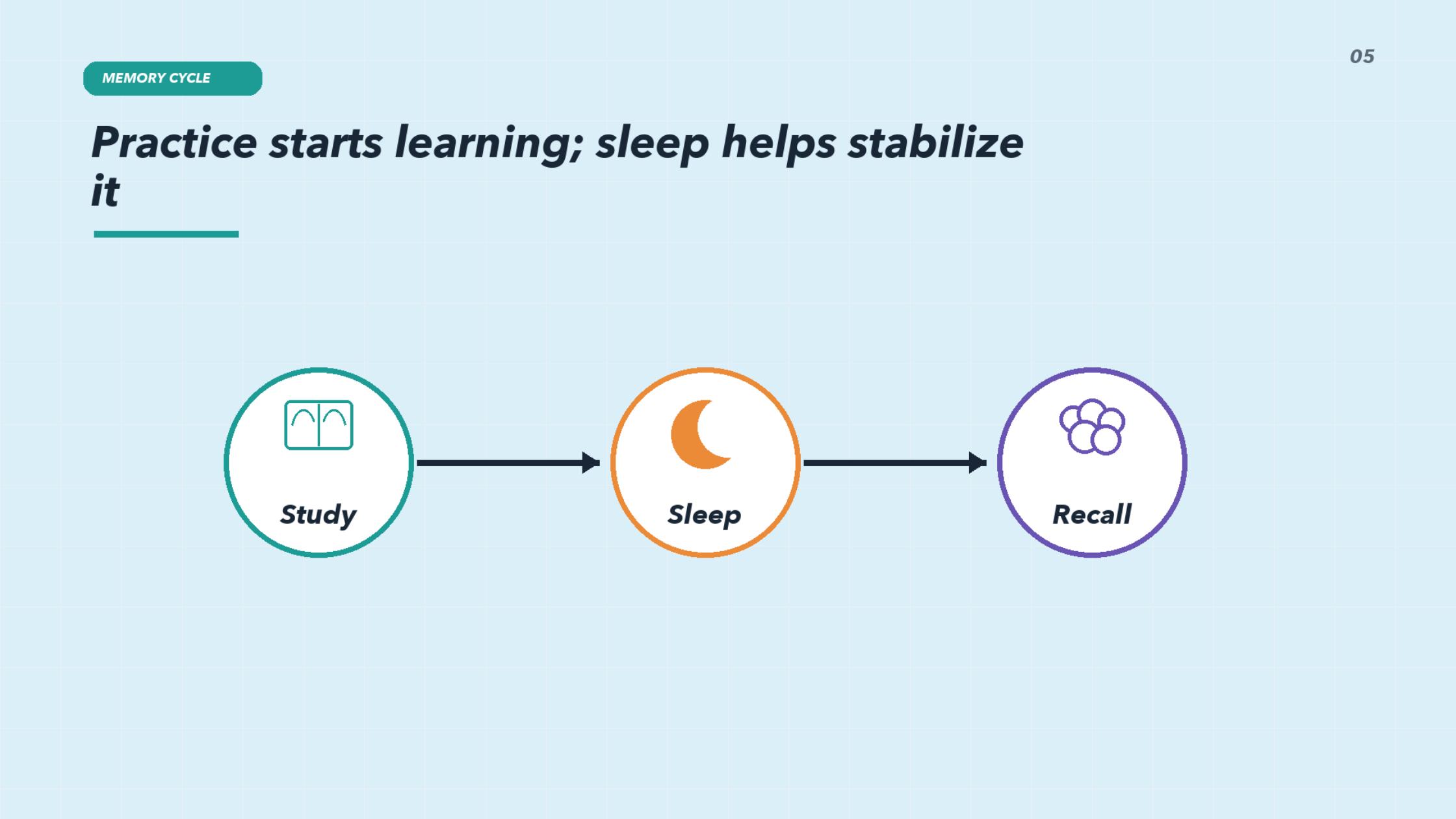 Slide 5: Practice starts learning; sleep helps stabilize it