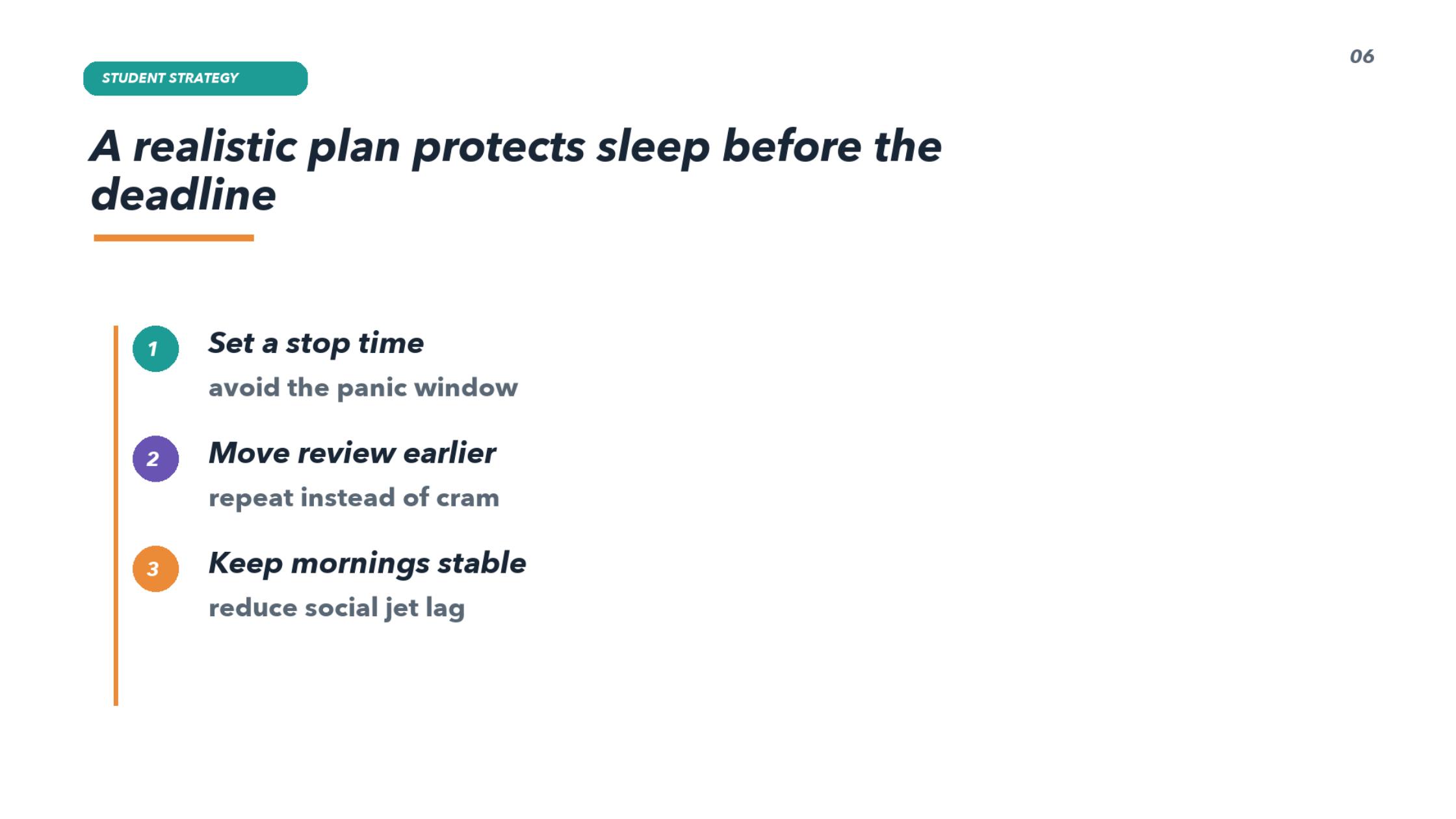 Slide 6: A realistic plan protects sleep before the deadline