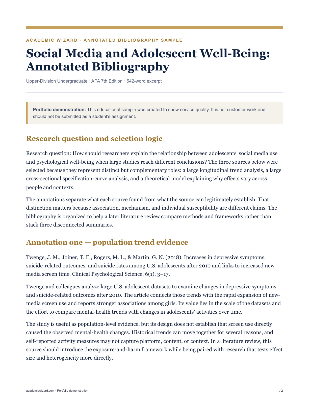 Social Media and Adolescent Well-Being: Annotated Bibliography PDF preview page 1