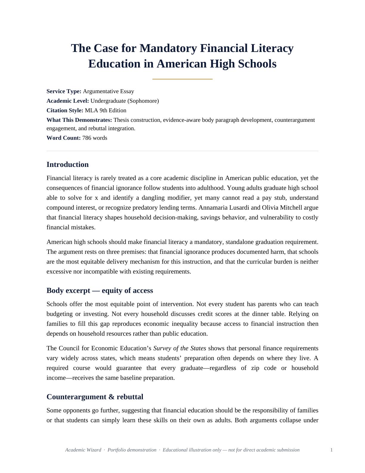The Case for Mandatory Financial Literacy Education in American High Schools PDF preview page 1