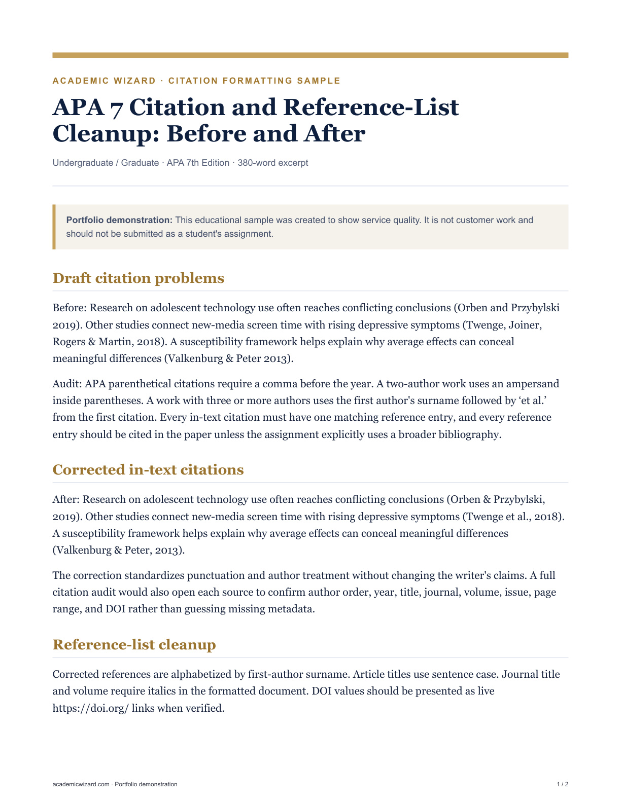 APA 7 Citation and Reference-List Cleanup: Before and After PDF preview page 1