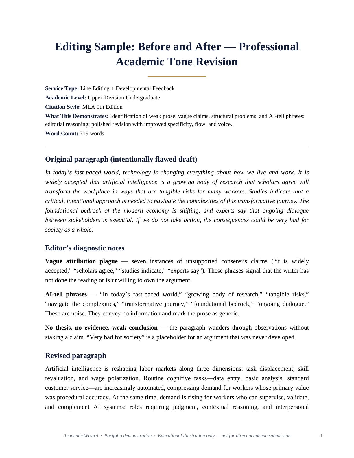 Editing Sample: Before and After — Professional Academic Tone Revision PDF preview page 1