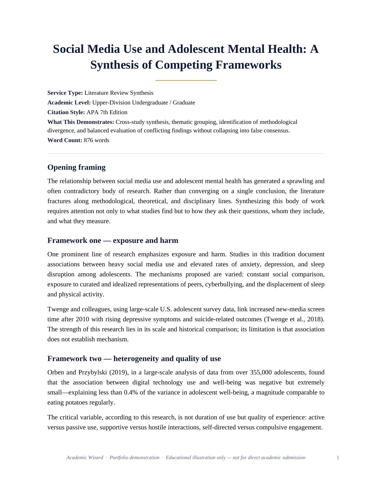Social Media Use and Adolescent Mental Health: A Synthesis of Competing Frameworks PDF preview page 1