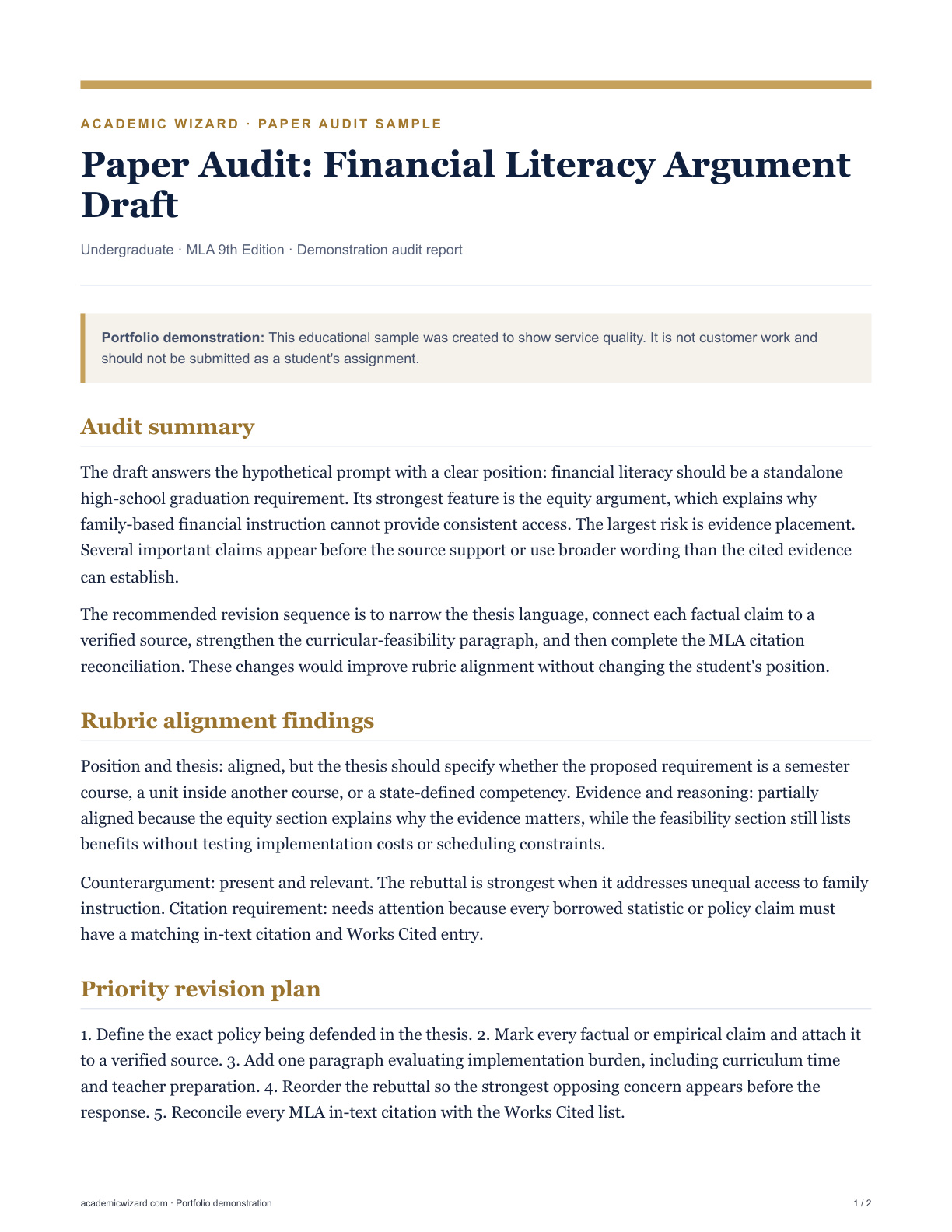 Paper Audit: Financial Literacy Argument Draft PDF preview page 1