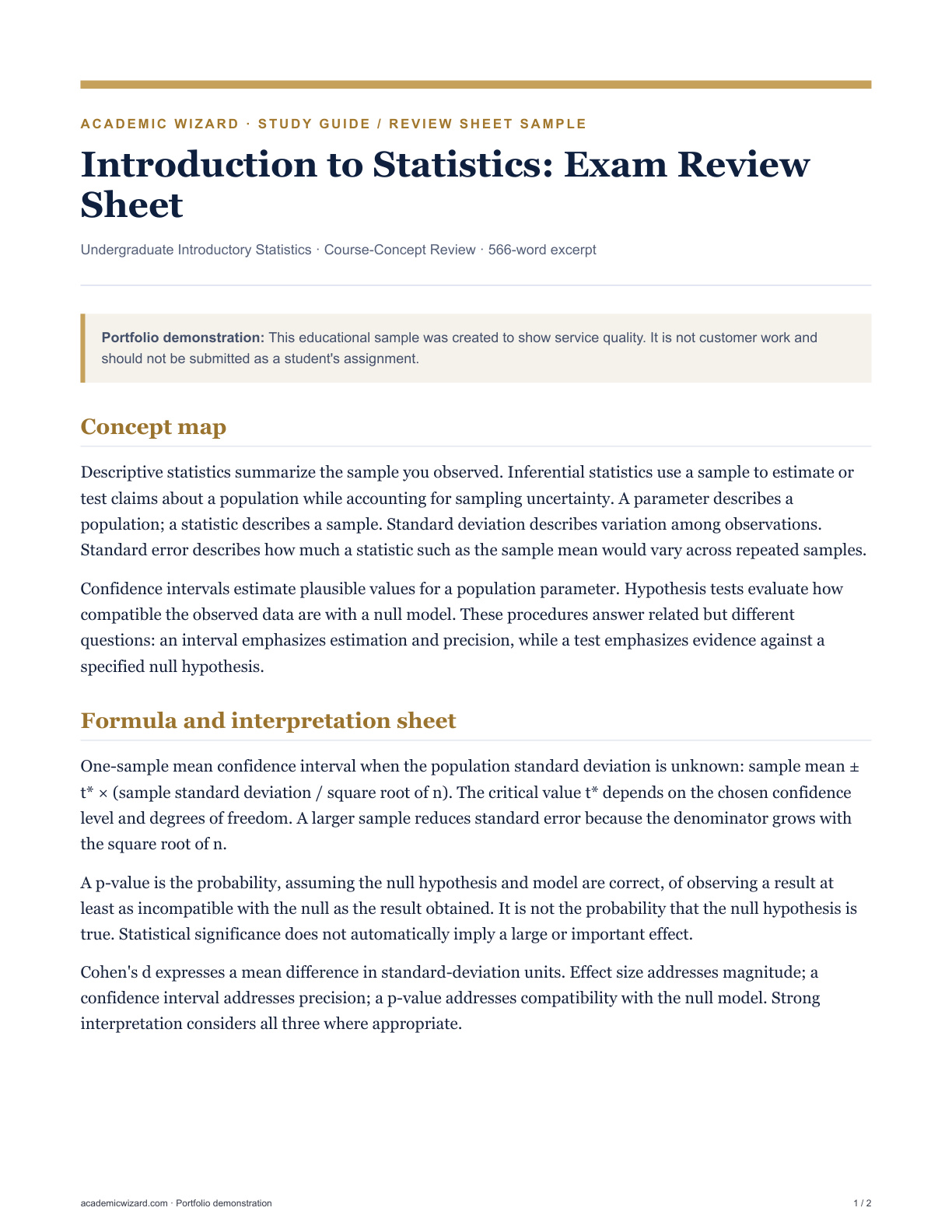 Introduction to Statistics: Exam Review Sheet PDF preview page 1